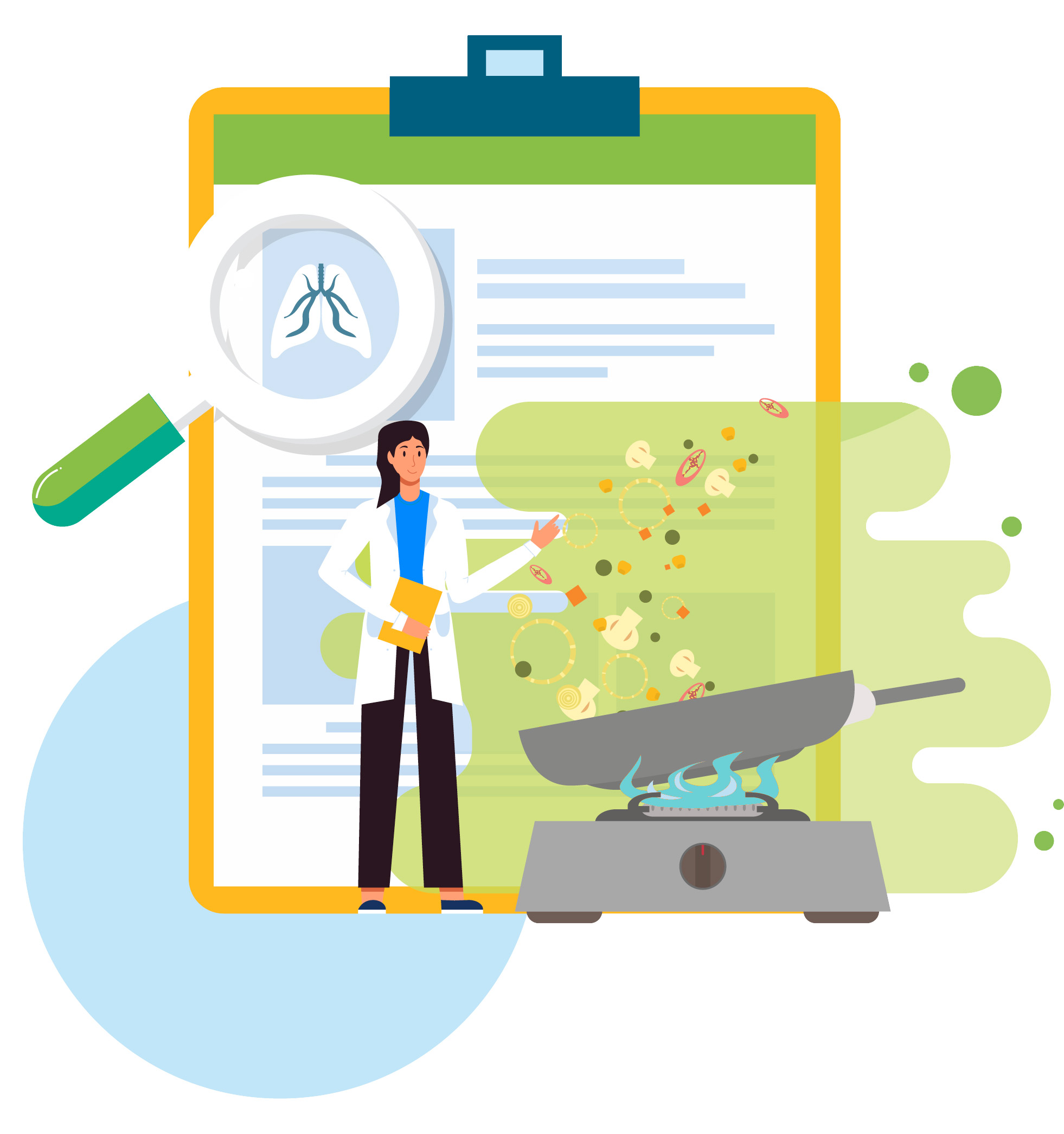 An illustration of a person in a lab coat standing in front of a large, lit gas stove burner. In the background, there is a large clipboard with a document on it, and a magnifying glass showing an image of lungs. 